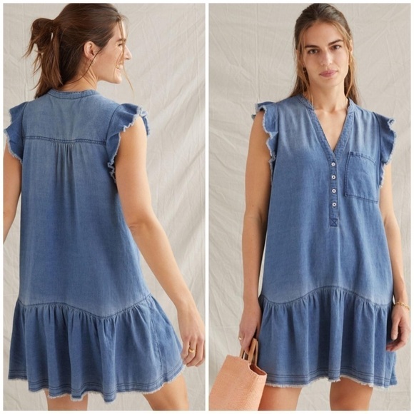Anthropologie Pilcro Flounced Tunic Dress Chambray Denim Cotton Blue Sz L - Picture 1 of 16